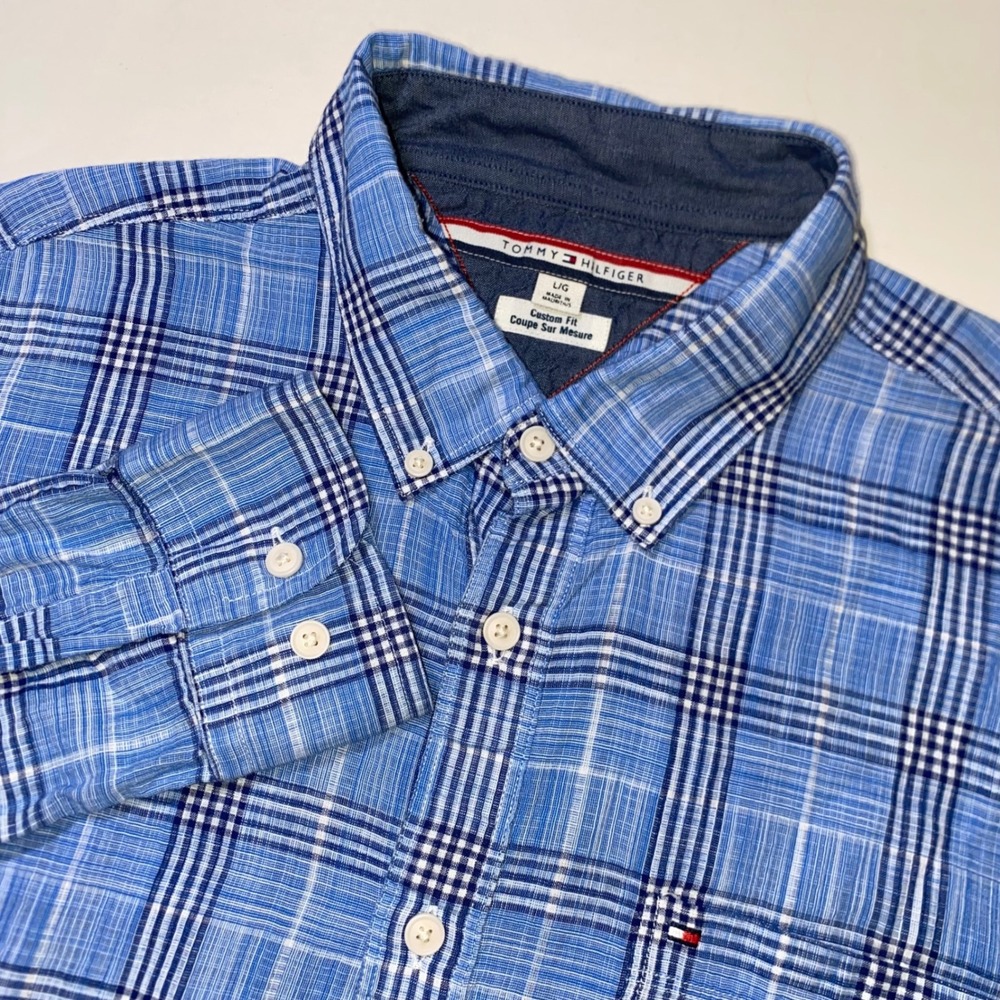 Tommy Hilfiger Mens Blue Plaid Custom Fit Button Down Shirt Large Long Sleeve